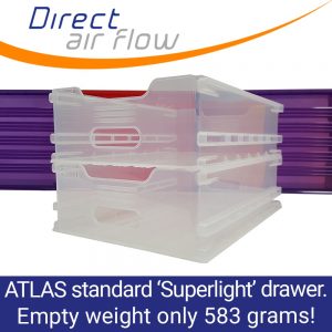 Superlight ATLAS standard dual runner translucent polypropylene drawer – Inflight galley equipment – Immediate delivery